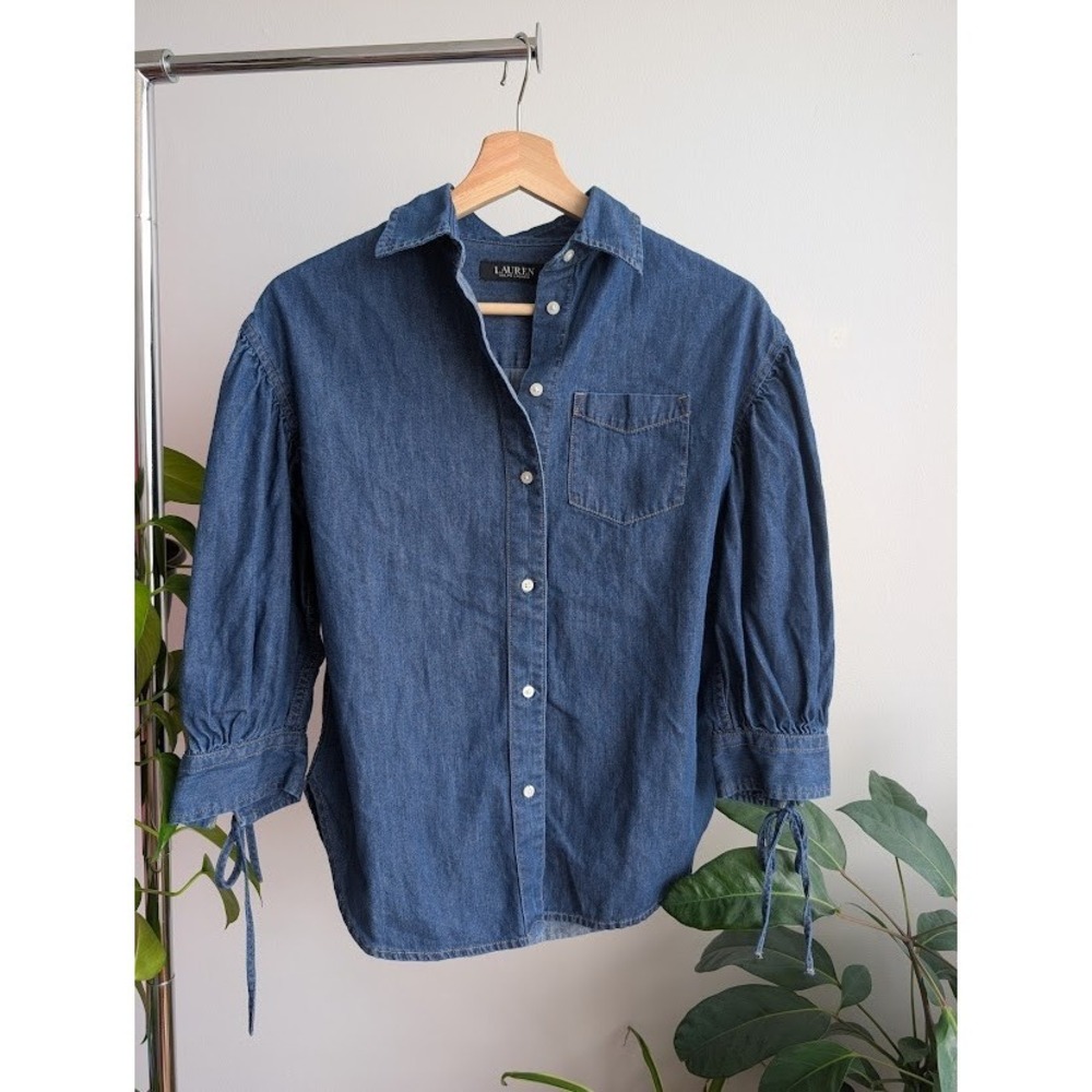 Vintage Ralph Lauren denim shirt XS Black Label puff sleeve lace up tie cuff boh